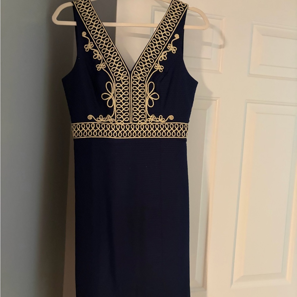 Lilly Pulitzer Navy and Gold Embroidered Dress